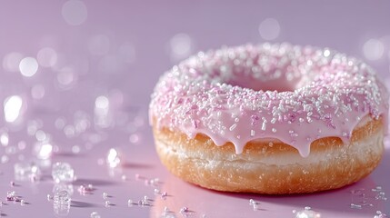 Delicious Donut with Pink Icing and Sprinkles on a Pink Background Reflecting Light with Small Ice Cubes for Decoration