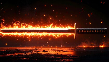 Flaming katana on dark background