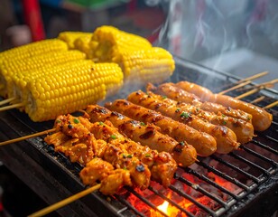 Grilled corn and skewers on charcoal grill