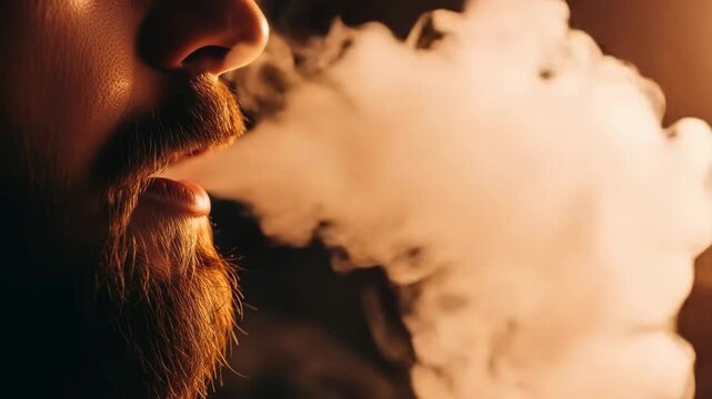 closeup of bearded man exhaling thick cloud of vapor against dark background. dramatic warm lighting highlights smoke. vaping lifestyle concept.