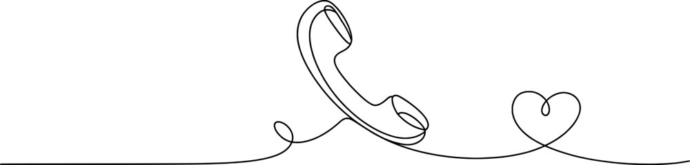 Minimalist continuous line drawing of telephone receiver and heart black and white