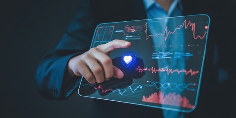 A person interacting with a futuristic digital interface, showcasing data analysis and medical monitoring