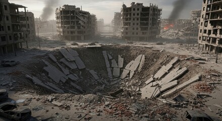 Devastation of a City Landscape After Intense Conflict and Bombardment