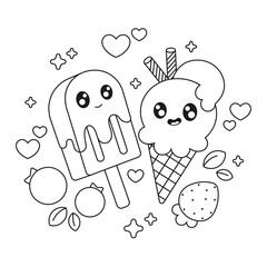 Cute hand drawn kawaii ice cream cone coloring book page