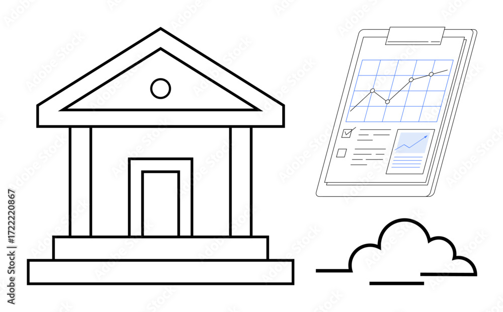 Poster bank structure with triangular roof, clipboard showing data charts, growth analytics, cloud. ideal f