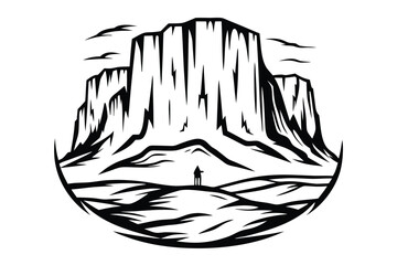 Mountain Range Silhouette with Hiker on White Background Landscape View