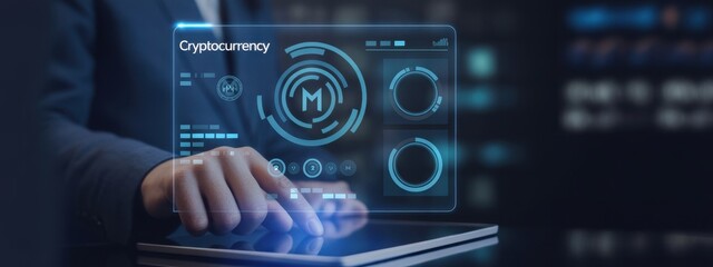 Woman's hand interacts with a holographic interface displaying cryptocurrency details. The interface glows with intricate design.