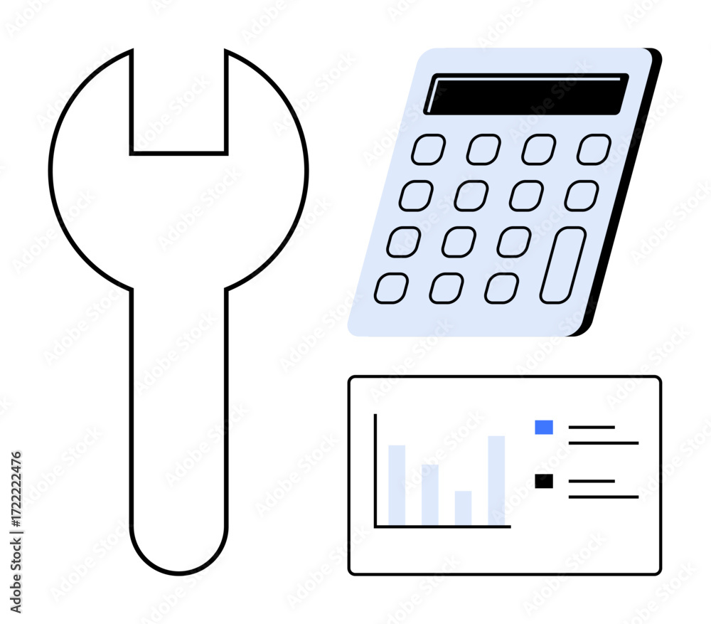 Poster wrench, calculator with buttons, and graph with bars and text highlights problem-solving, analytics,