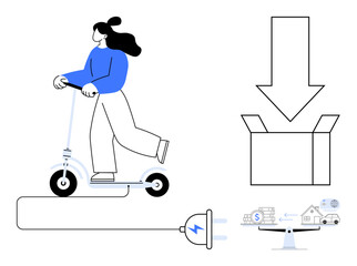 Woman riding an electric scooter powered by a charging cable, large arrow above an open box, small icons of finances, energy, and smart home. Ideal for technology, transport, sustainability, finance