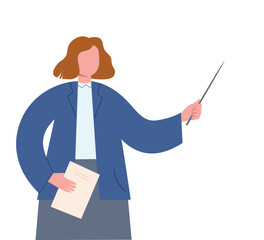 A teacher with a pointer in her hand. A woman in a suit gives a presentation. Vector flat graphics.