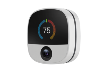 Smart home thermostat displaying temperature with integrated camera
