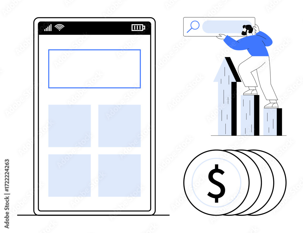 Poster smartphone with app interface, person standing on growth bars using search function, and stack of co