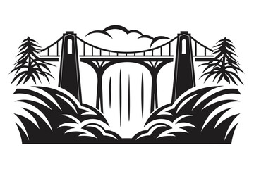 Silhouette of an Iconic Suspension Bridge, Trees, Clouds, and Water on White