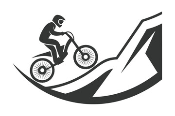 Silhouette of Biker in Helmet Riding Mountain Bike on Terrain with White Background