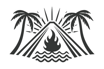 Simple Design of Palm Trees, Fire, Sun Rays, and Water Waves with White Background