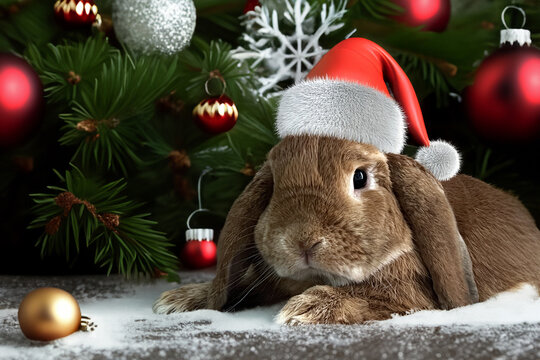 Fawn dwarf ram rabbit on a Christmas scenario