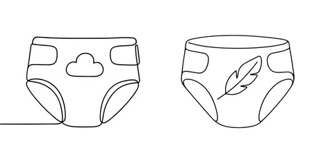 Two diapers with cloud and feather single line illustration in black minimalist style