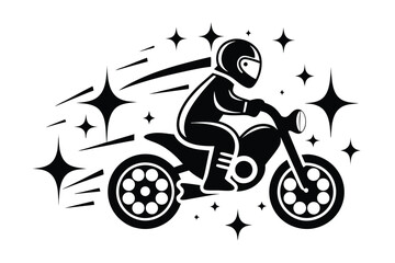 Stylish Motorcyclist in Helmet Riding Fast with Speed Stars Icon on White