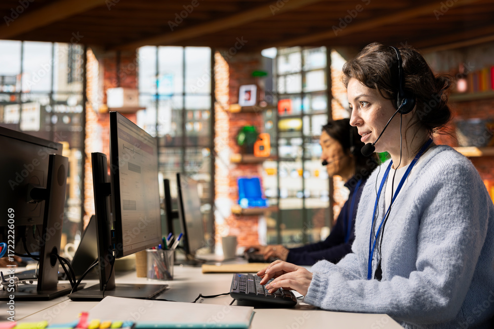 Poster call center agent analyzing customer feedback data, working to reduce complaints. customer service e