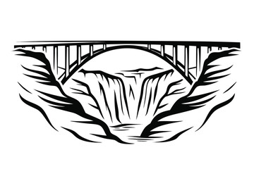 Victoria Falls Bridge Vector, Zimbabwe Waterfall, Black and White Scenic View