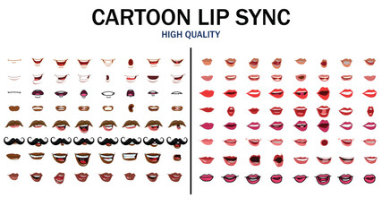Lips Sync Set. Human lips Collection for lips Animation and synchronization. Sad, Smile, Angry, Laughing Mouth Vector Illustration.	
