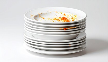 Stack of dirty white plates with orange food stains on peach background