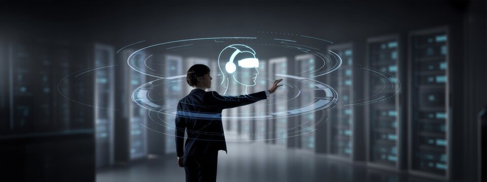 A woman interacts with a futuristic virtual interface inside a server room, with a focus on technology and data management.