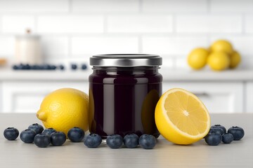 Blueberry lemon jam in a glass jar with silver metal lid and fresh lemons and blueberries on the counter next to it with a bright white kitchen background