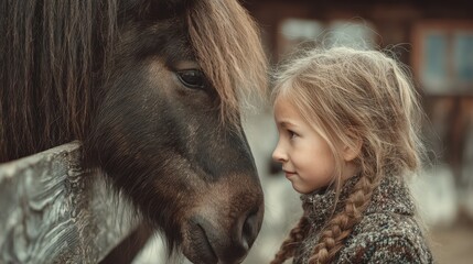 Young girl gazes at a pony during a peaceful afternoon in a rustic stable environment