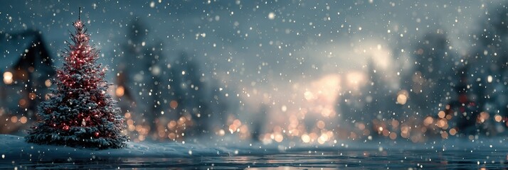 Snowfall adds magic to a festive landscape with glowing lights and a decorated tree near a cozy cabin