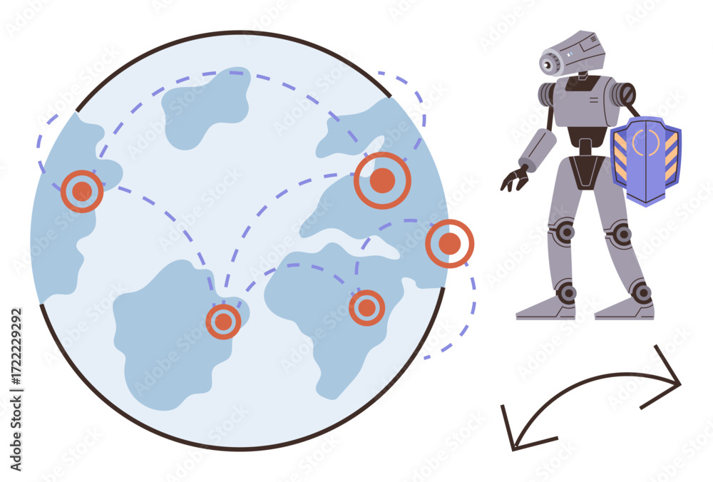 Poster robot beside a world map with location markers and connecting lines. ideal for technology, ai, innov