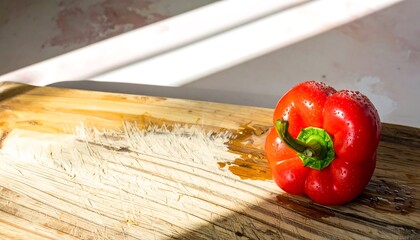 Red bell pepper on a wooden cutting board in sunlight