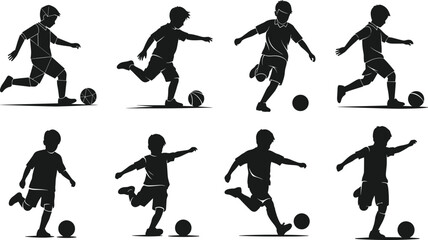 Silhouette kids playing soccer, football game, children kicking ball, outdoor sports activity, healthy lifestyle, fitness, teamwork, competition, energy, fun