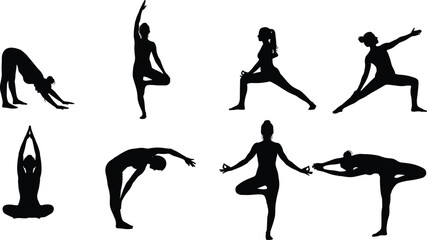 Silhouette of woman practicing yoga, meditation, fitness, stretching, balance exercise, mindfulness, healthy lifestyle, flexibility training, relaxation poses, wellness illustration