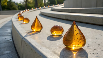 Amber-colored resin drops glisten like liquid gold on a smooth, curved concrete surface, creating a striking contrast between organic warmth and industrial minimalism
