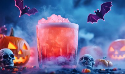 cocktail with rimming sprinkles on a smoky background with jack-o'-lanterns and skulls	