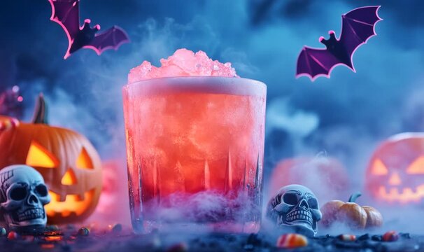 cocktail with rimming sprinkles on a smoky background with jack-o'-lanterns and skulls	