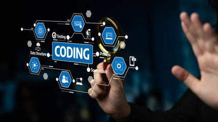 A focused view of hands exploring various coding concepts using a magnifying glass, ideal for illustrating software development and digital innovation themes. Tessel