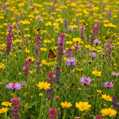 Vibrant Wildflower Meadow with Butterflies and Bees
