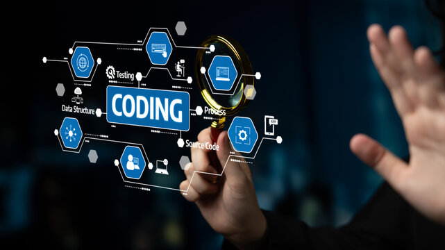 A focused view of hands exploring various coding concepts using a magnifying glass, ideal for illustrating software development and digital innovation themes. Tessel