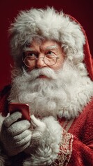 Naklejka premium Santa Claus checking his phone in a festive setting with a cheerful expression and cozy attire