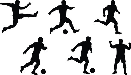 Soccer players silhouette, men playing football, action sport, kicking ball, running athlete, fitness training, competitive game, outdoor activity, celebration movement