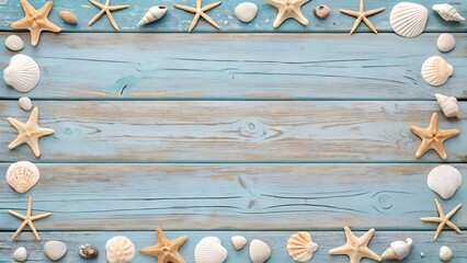 Seashells and starfish border on rustic light blue wooden board horizontal wooden boards flat background