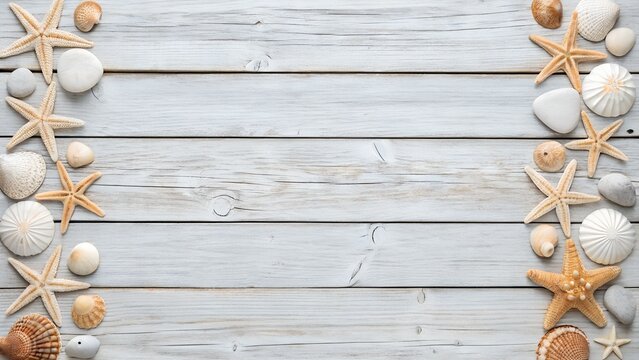 Starfish and sea shells side borders on a rustic gray wood board horizontal wooden boards flat background