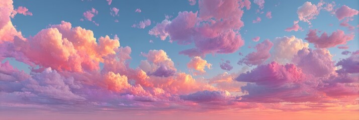 Colorful sunset sky with pink and purple clouds over a serene landscape during evening hours
