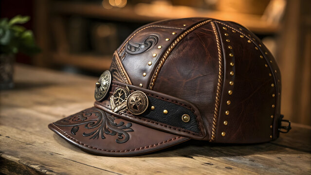 An ornate dark brown leather cap takes center stage, handcrafted with meticulous detail and a bold, distinguished character.