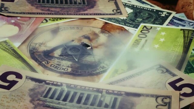 The Eye of Providence Illuminati Symbol on an Old Ancient Parchment Covered With Money