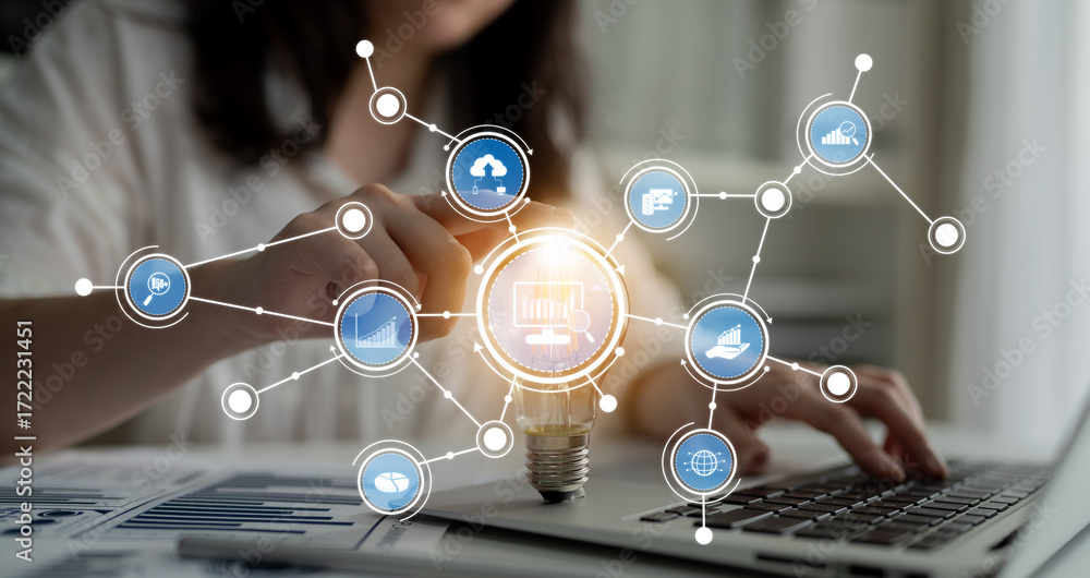 Aufkleber a professional individual interacts with digital technology while studying data analytics icons on a