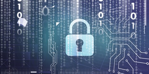 A glowing abstract digital lock and binary code