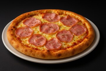 Pepperoni pizza on white plate black background